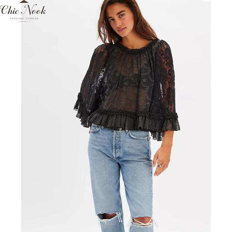Women'S Summer Trendy Lace T-Shirt Long Flared Sleeve round Neck Sheer Party Tops