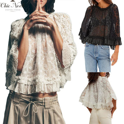 Women'S Summer Trendy Lace T-Shirt Long Flared Sleeve round Neck Sheer Party Tops