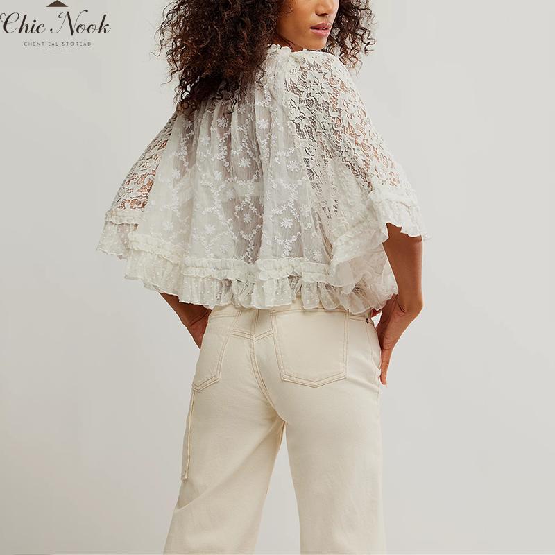 Women'S Summer Trendy Lace T-Shirt Long Flared Sleeve round Neck Sheer Party Tops