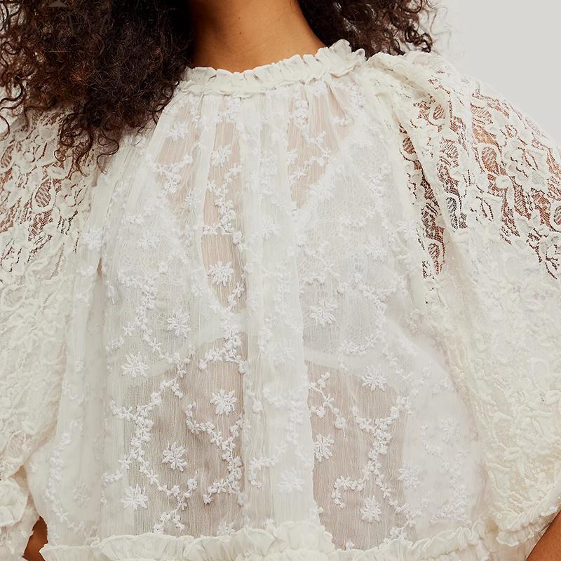 Women'S Summer Trendy Lace T-Shirt Long Flared Sleeve round Neck Sheer Party Tops