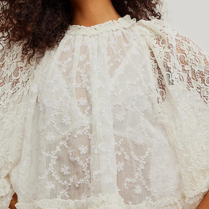 Women'S Summer Trendy Lace T-Shirt Long Flared Sleeve round Neck Sheer Party Tops
