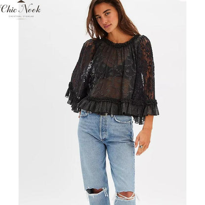 Women'S Summer Trendy Lace T-Shirt Long Flared Sleeve round Neck Sheer Party Tops