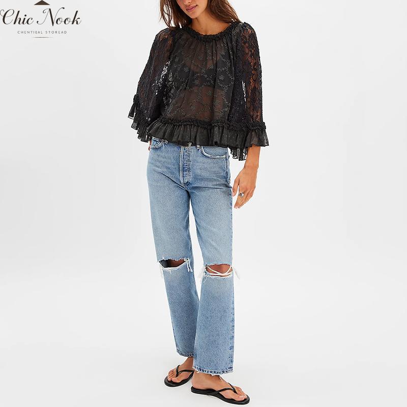 Women'S Summer Trendy Lace T-Shirt Long Flared Sleeve round Neck Sheer Party Tops