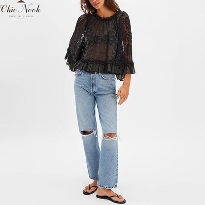Women'S Summer Trendy Lace T-Shirt Long Flared Sleeve round Neck Sheer Party Tops