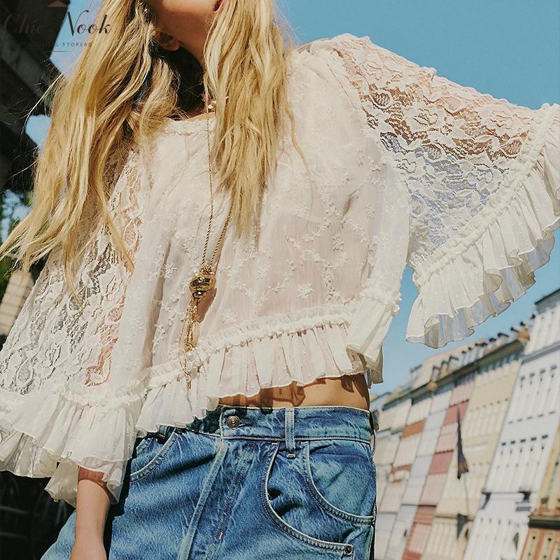 Women'S Summer Trendy Lace T-Shirt Long Flared Sleeve round Neck Sheer Party Tops