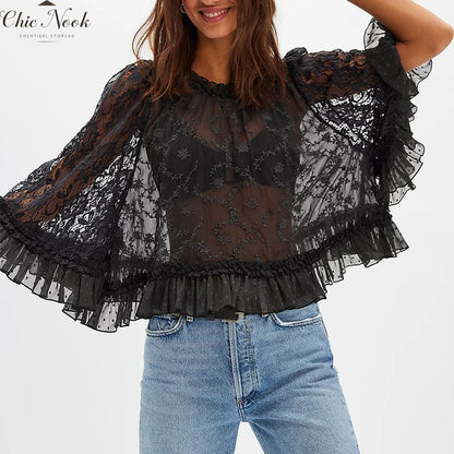 Women'S Summer Trendy Lace T-Shirt Long Flared Sleeve round Neck Sheer Party Tops