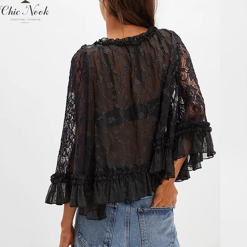 Women'S Summer Trendy Lace T-Shirt Long Flared Sleeve round Neck Sheer Party Tops